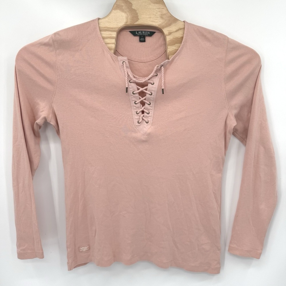 Lauren Ralph Lauren Women's Large Pink Long Sleeve Drawstring V Neck Knit